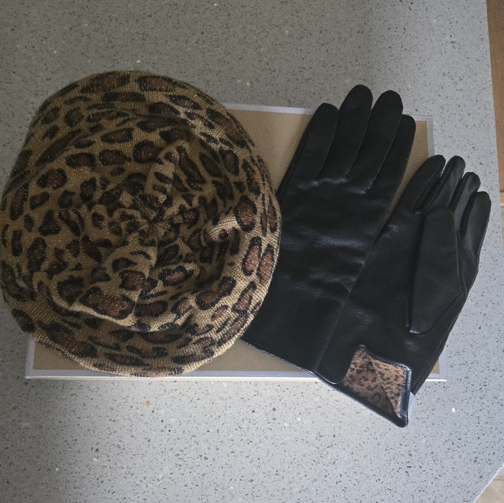 (2pc set) Leather Gloves inside Animal Print AND Tam Hat